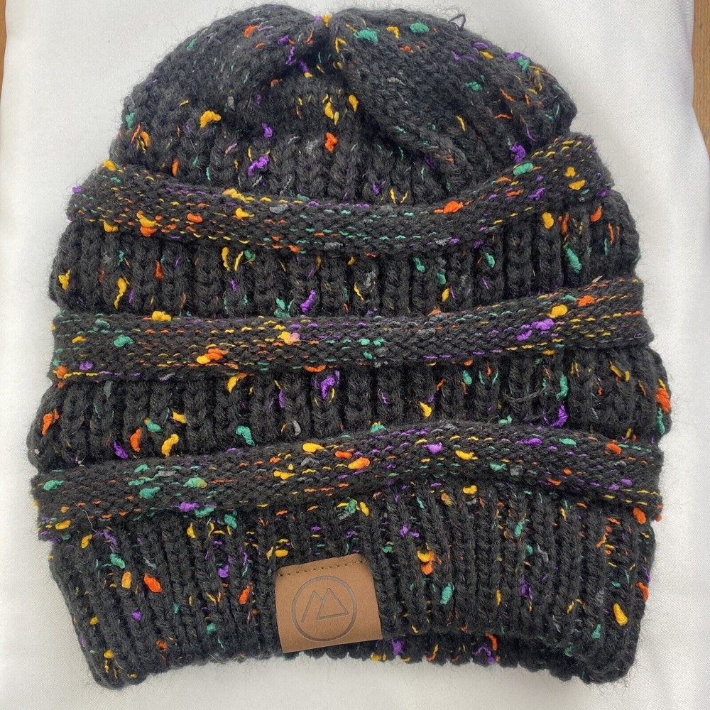 Chunky Knit Women's Beanie Hat Cap Black w/ Graffiti Color Splash‎ One Size